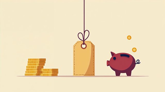 A blank price tag beside stacked gold coins and a piggy bank