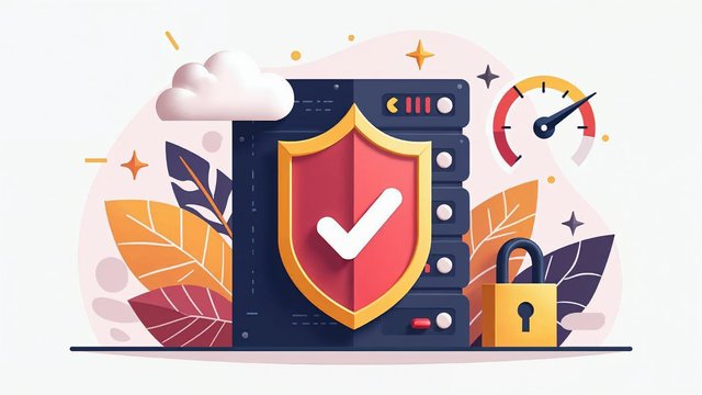 A shield with a check mark in front of a server rack, a padlock and a speed gauge