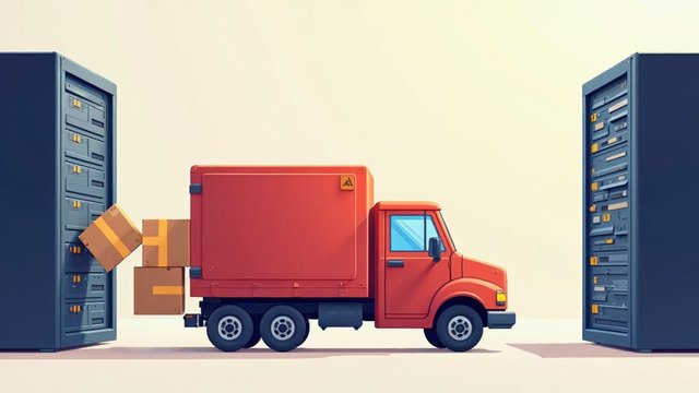 A moving truck carrying boxes between two server racks
