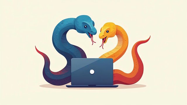 Two friendly snakes, one blue and one yellow, around a laptop