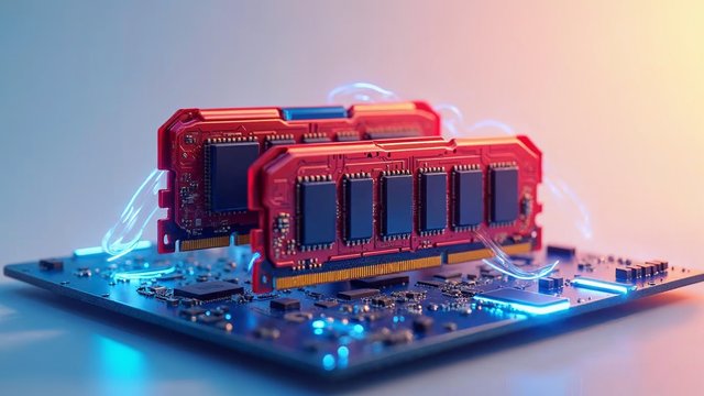 Two red memory modules standing in a motherboard slot