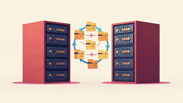 Two server racks with circular arrows exchanging folders