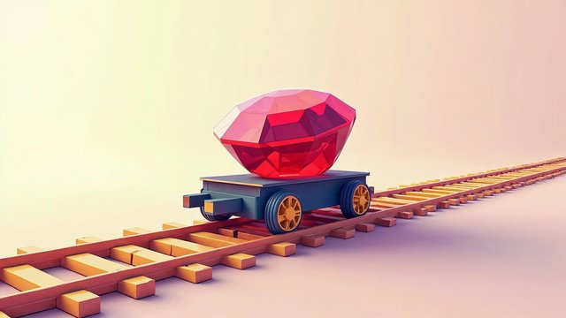 A red ruby gemstone riding a small cart on railway tracks