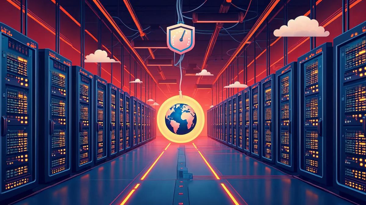 Long aisle of glowing server racks in a data center leading to a globe with a security shield