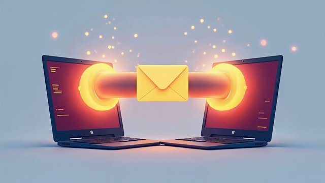 Two laptops passing a sealed envelope through a glowing tube
