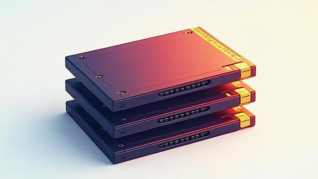 A stack of three sleek solid-state drives with gold connectors