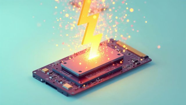 A lightning bolt over a small solid-state drive board