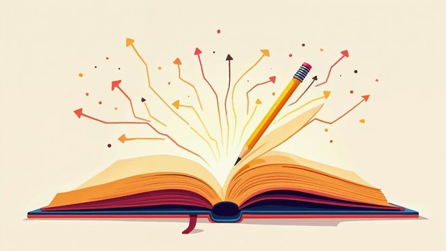 An open book with arrows and a pencil
