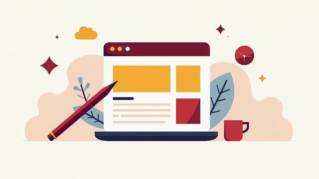 A website editor window with a pen, a photo block and a coffee cup