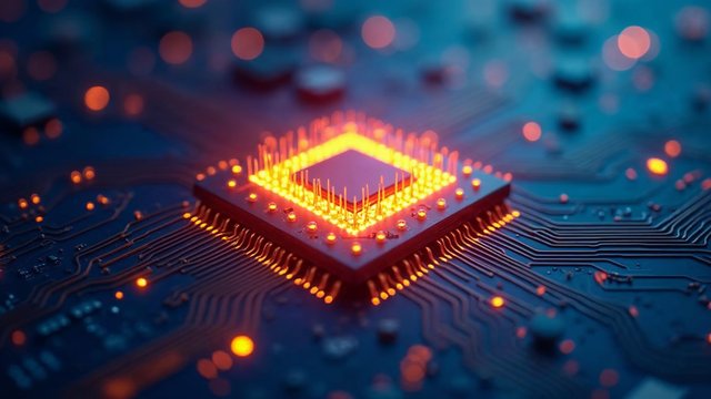 A glowing computer processor chip on a dark blue circuit board