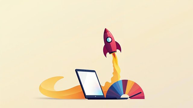 A rocket launching from a laptop beside a colorful speed meter