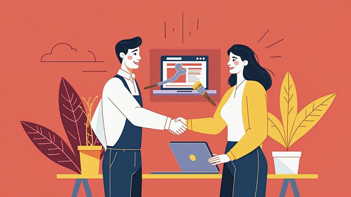 A web designer and a business owner shaking hands beside a laptop showing a website being repaired