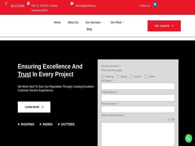 Home page of the A&G Roofing website