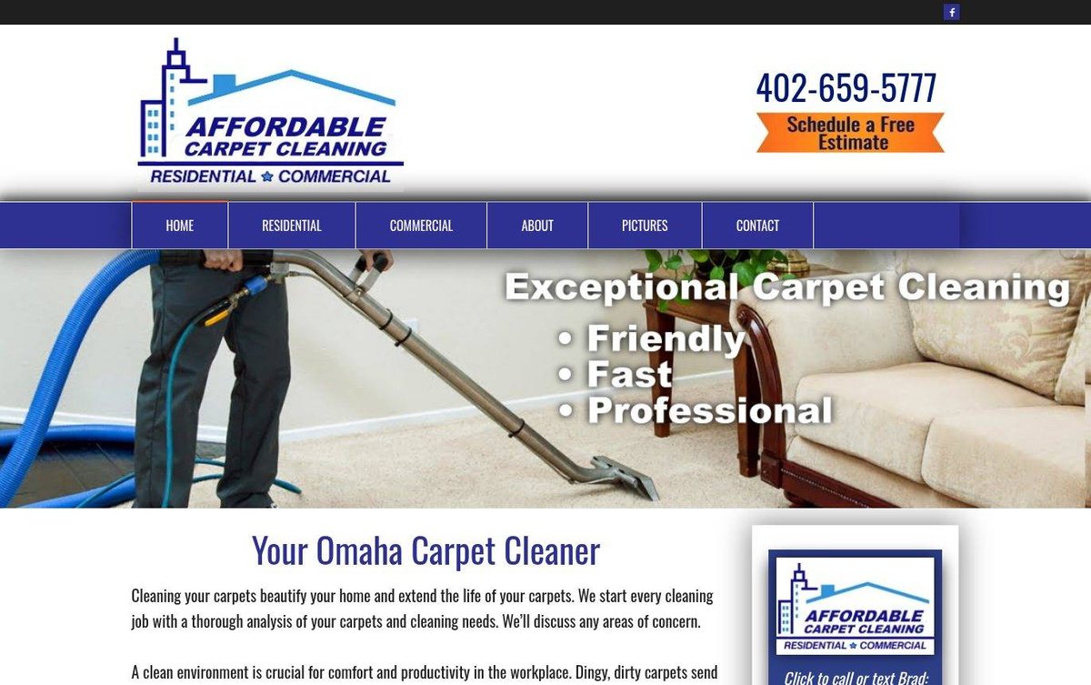 Home page of the Affordable Carpet Cleaning Omaha website: Bold blue and orange accents with a clear, friendly, service-focused layout design.