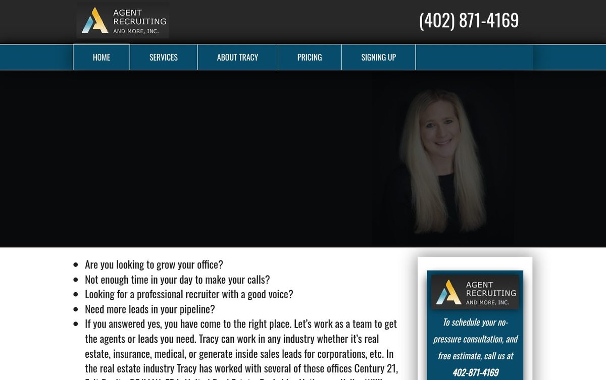 Home page of the Agent Recruiting & More, Inc. website: Dark hero with bold headline, crisp light content area and clear navigation.