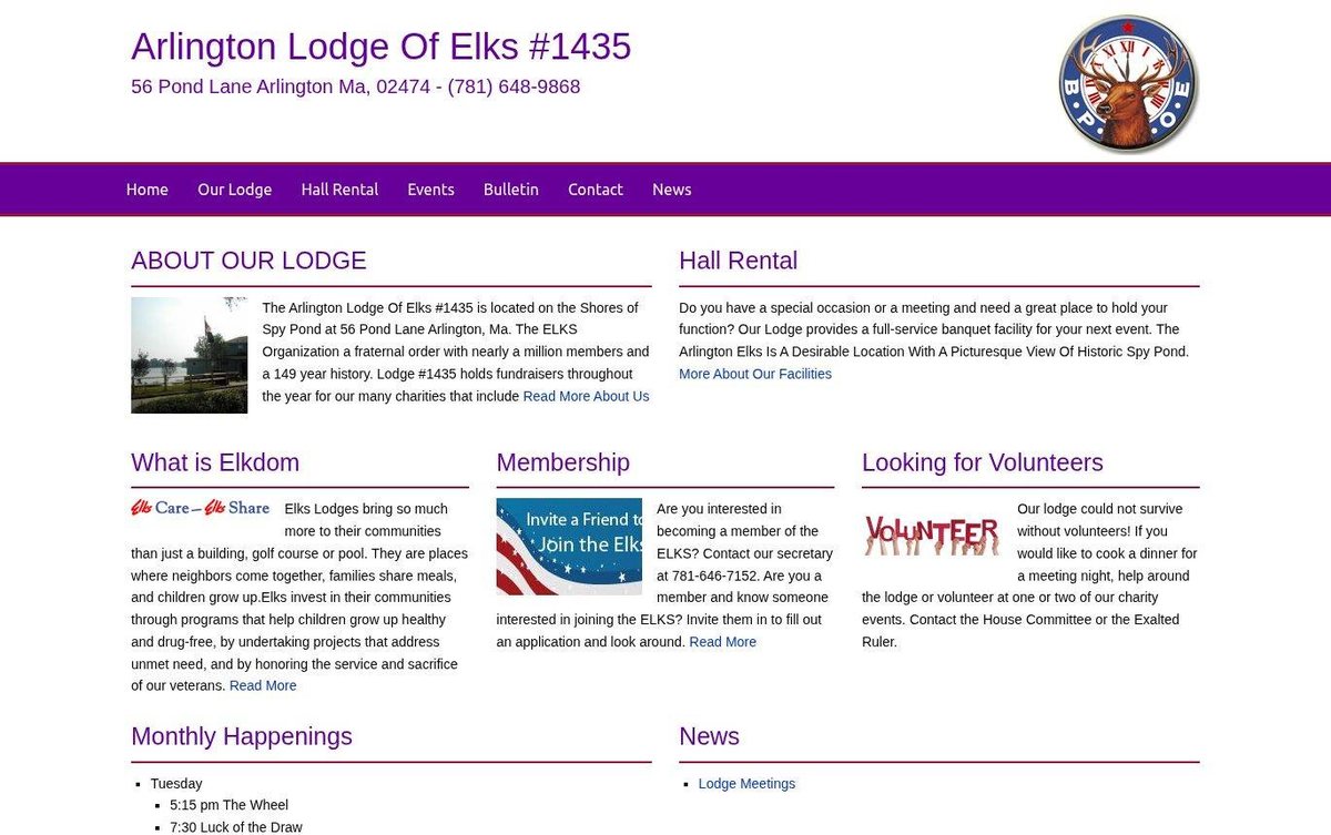Home page of the Arlington Lodge of Elks #1435 website: Purple and white layout with clear columns, bold headings and easy navigation.