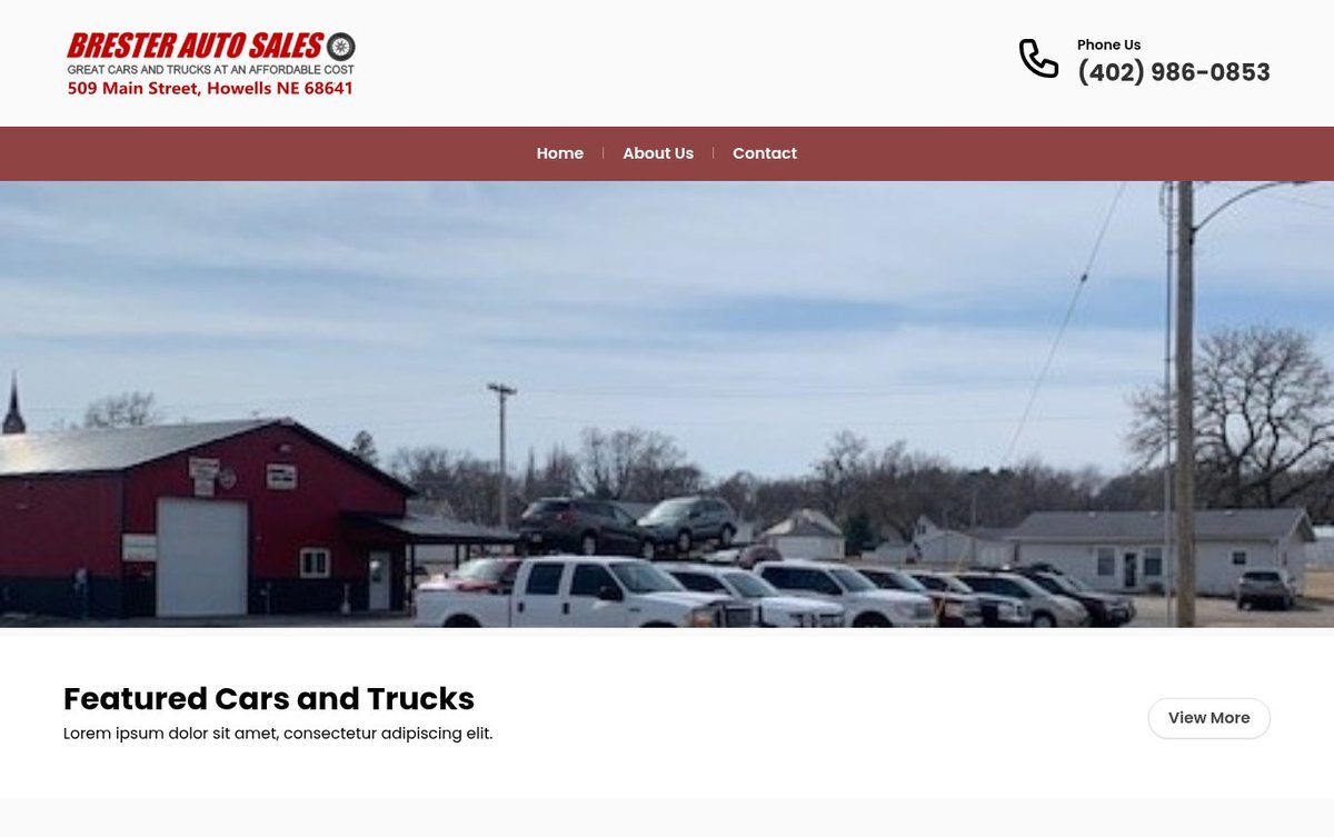 Home page of the Brester Auto Sales website: Bright photo banner and bold headings with a clean red navigation bar.