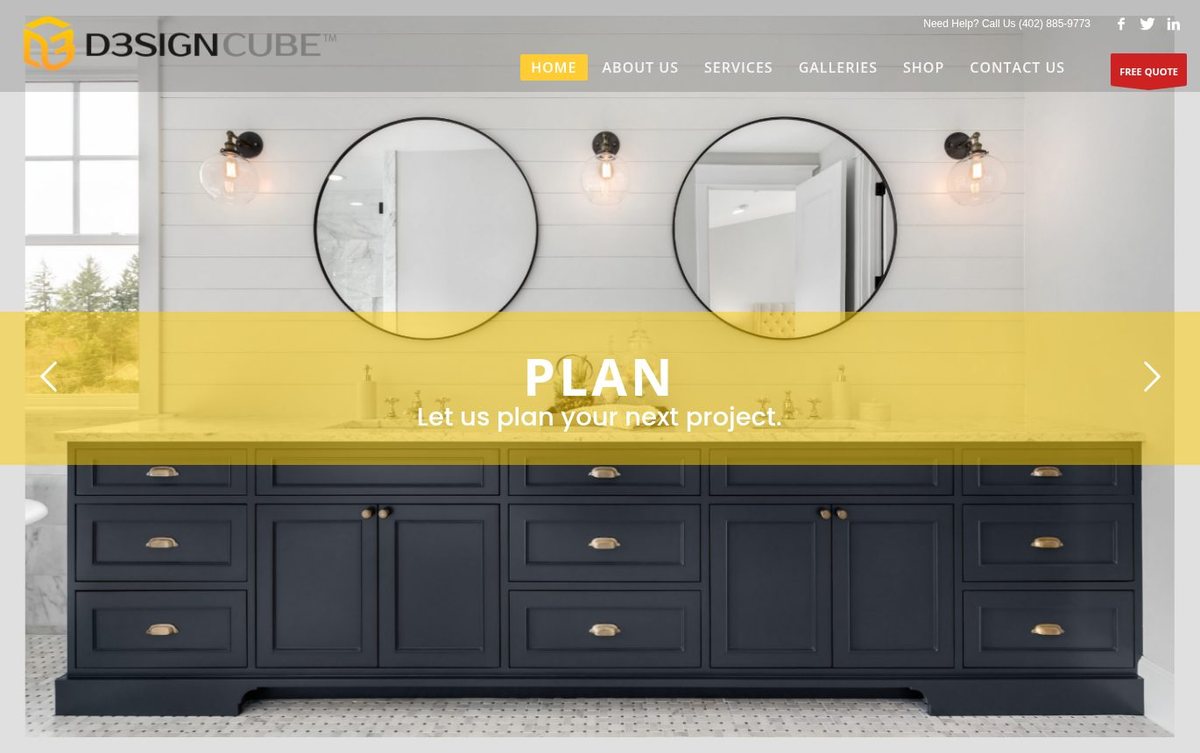 Home page of the D3SIGNCUBE LLC website: Bold golden yellow band and charcoal footer with large photo-led project tiles.
