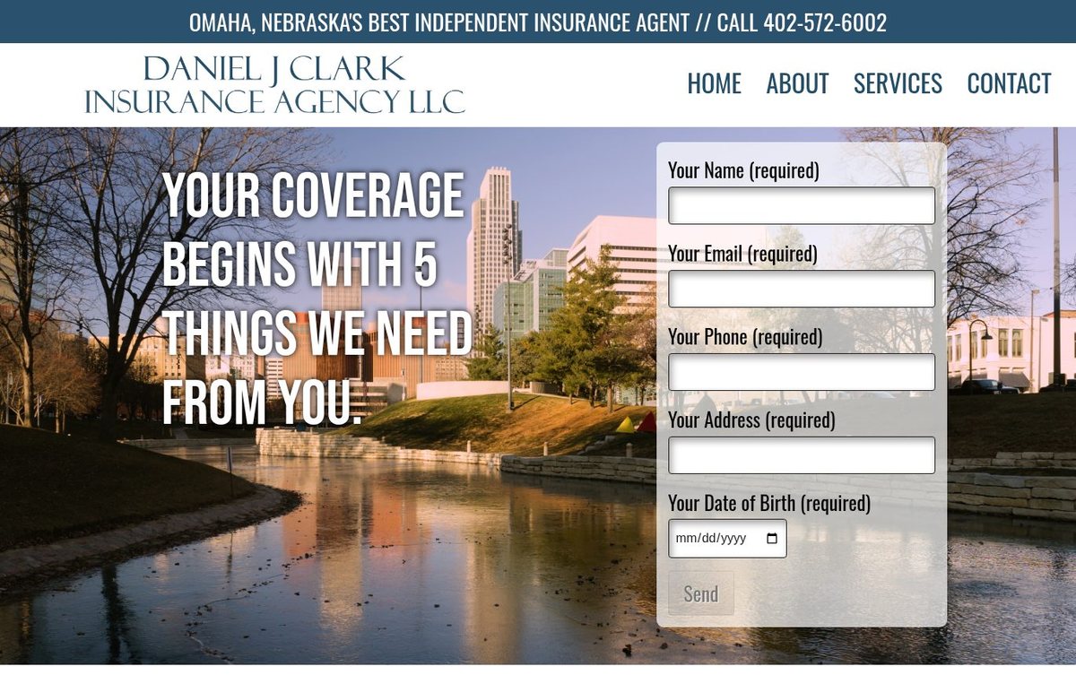 Home page of the Daniel J Clark Insurance Agency LLC website: Bold city skyline hero with a clear form and four icon tiles.