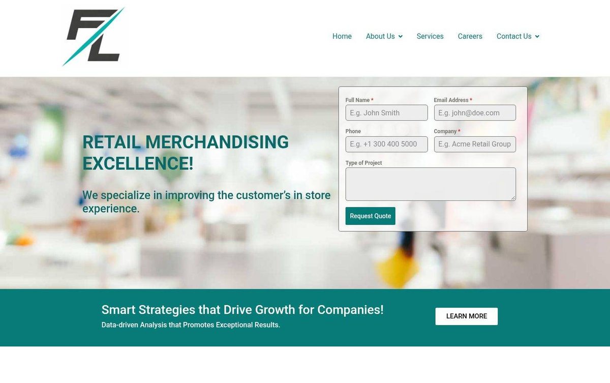 Home page of the Front Line Merchandising website: Clean white layout with crisp teal headings and bright, open spacing throughout.