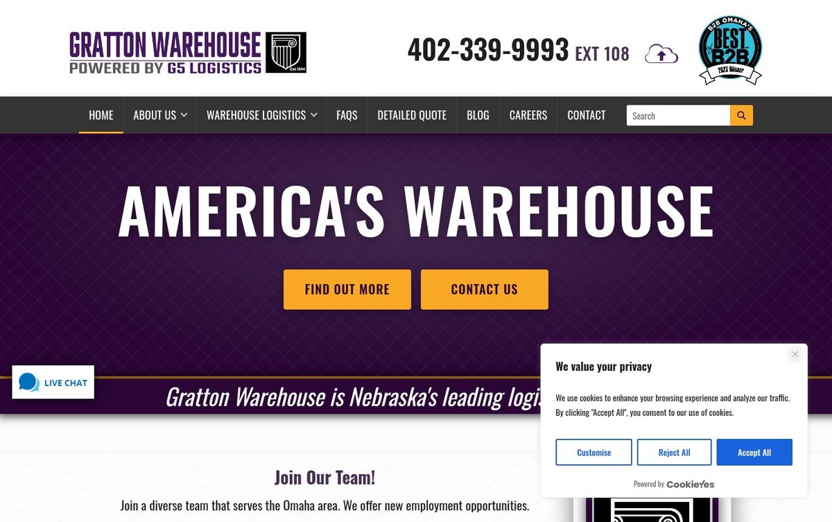 Home page of the Gratton Warehouse website: Deep purple and gold design with bold condensed type and clear buttons.