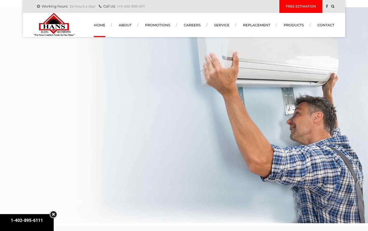 Home page of the Hans Heating and Air Conditioning website: Bold red, white and charcoal design with a welcoming full-width hero photo.