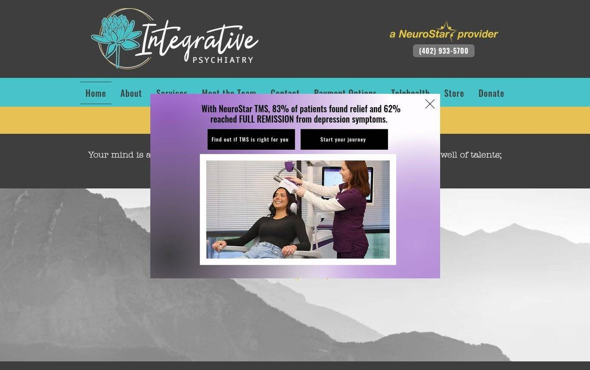 Home page of the Integrative Psychiatry website: Charcoal and turquoise header with calm mountain imagery and bold serif headlines.