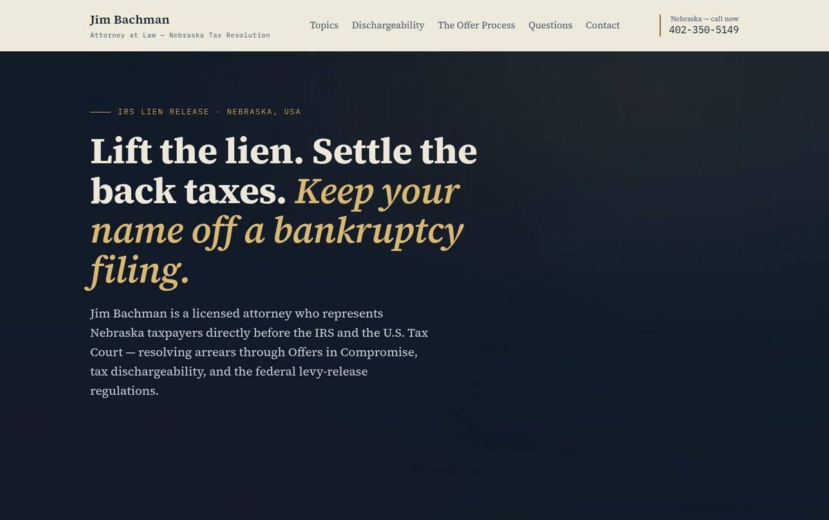 Home page of the Jim Bachman, Attorney at Law website: Midnight navy and gold with a bold serif headline and calm tone.