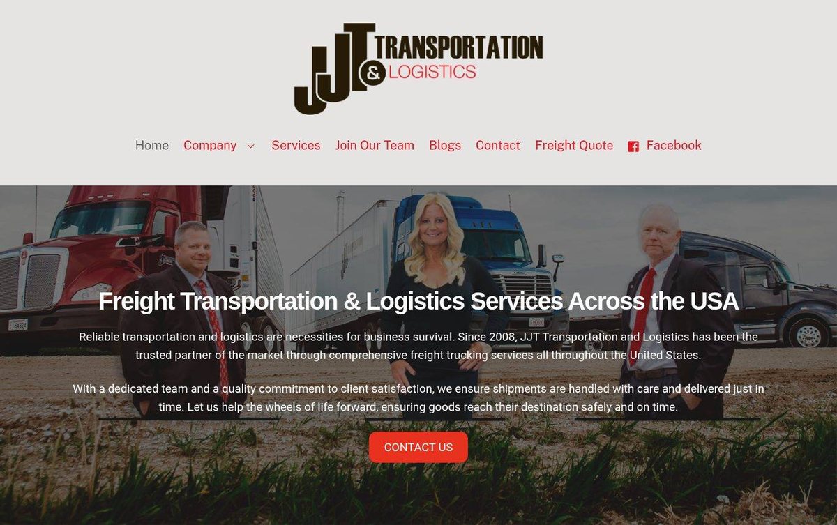 Home page of the JJT Transportation & Logistics website: Clean neutral palette with a full-width photo banner and bold red buttons.