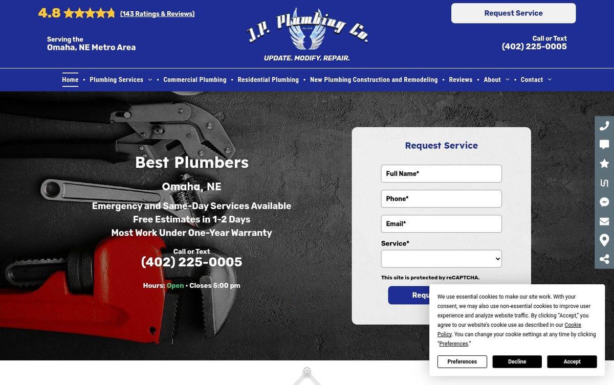 Home page of the JP Plumbing Co website: Royal blue header with a dark hero and a clear request form.