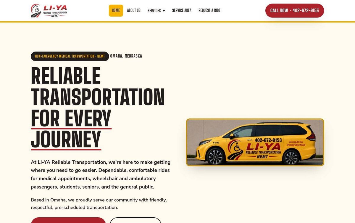 Home page of the LI-YA Reliable Transportation website: Warm cream background with bold condensed headlines and a yellow van photo.