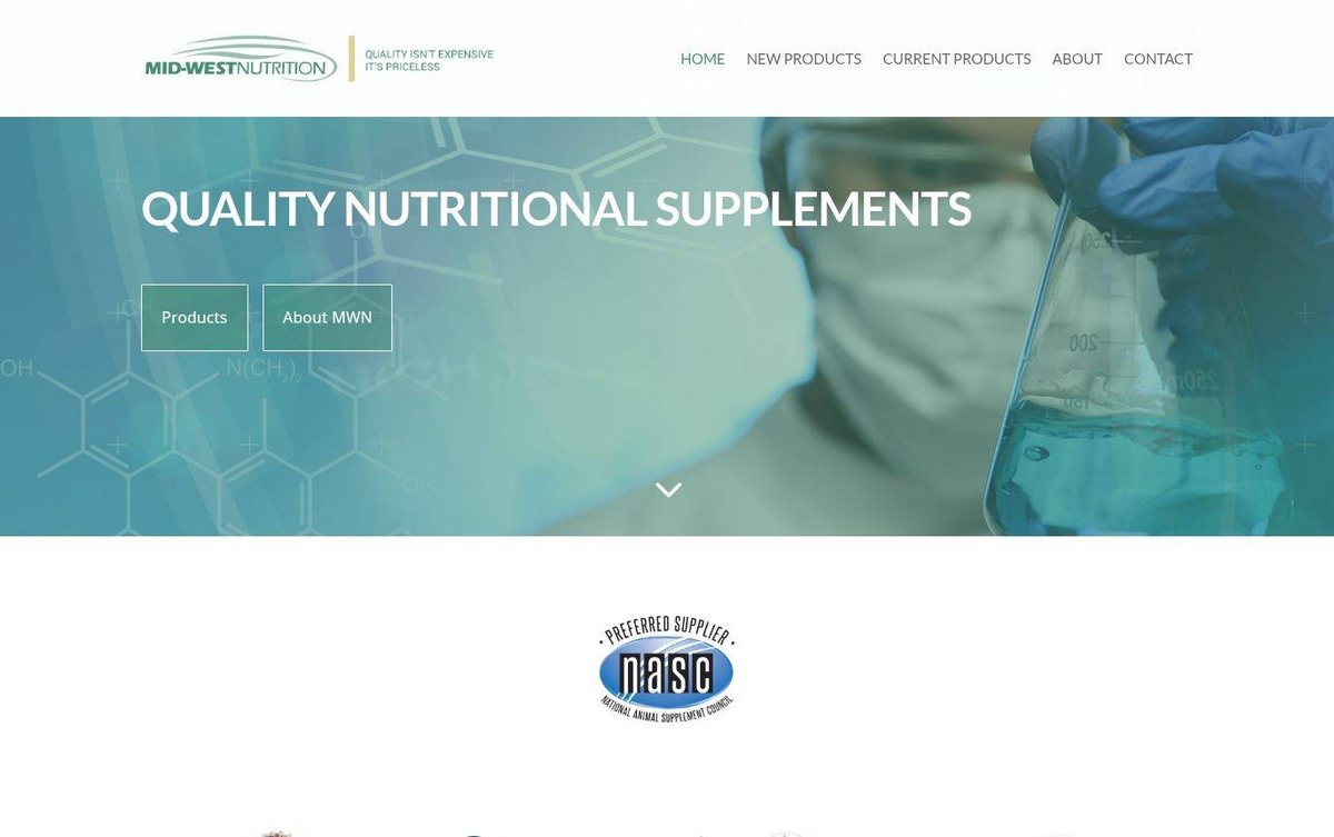 Home page of the Mid-West Nutrition, Inc. website: Calm teal and white design with certification badges and bold product banners.