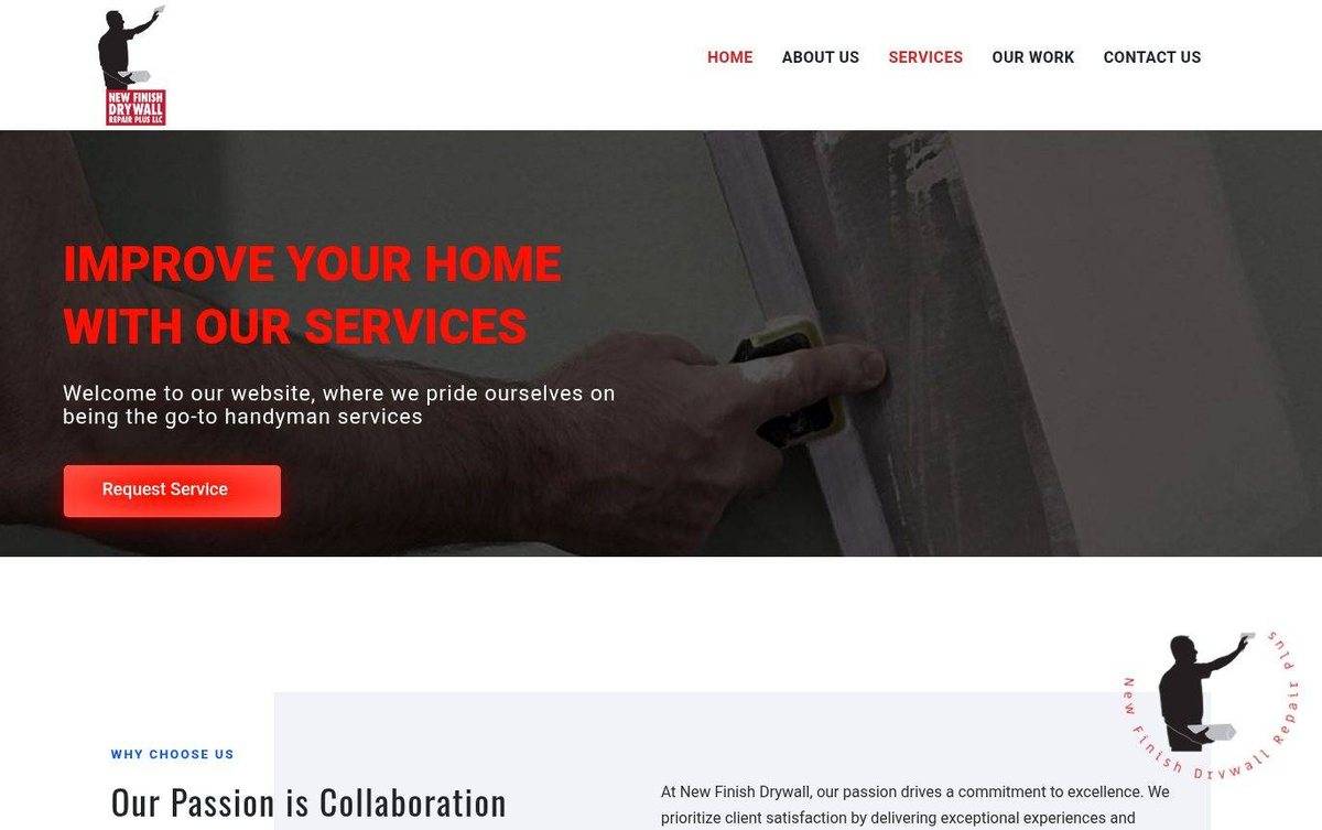 Home page of the New Finish Drywall Repair Plus LLC website: Bold red headings and service tiles on a clean, bright white layout.