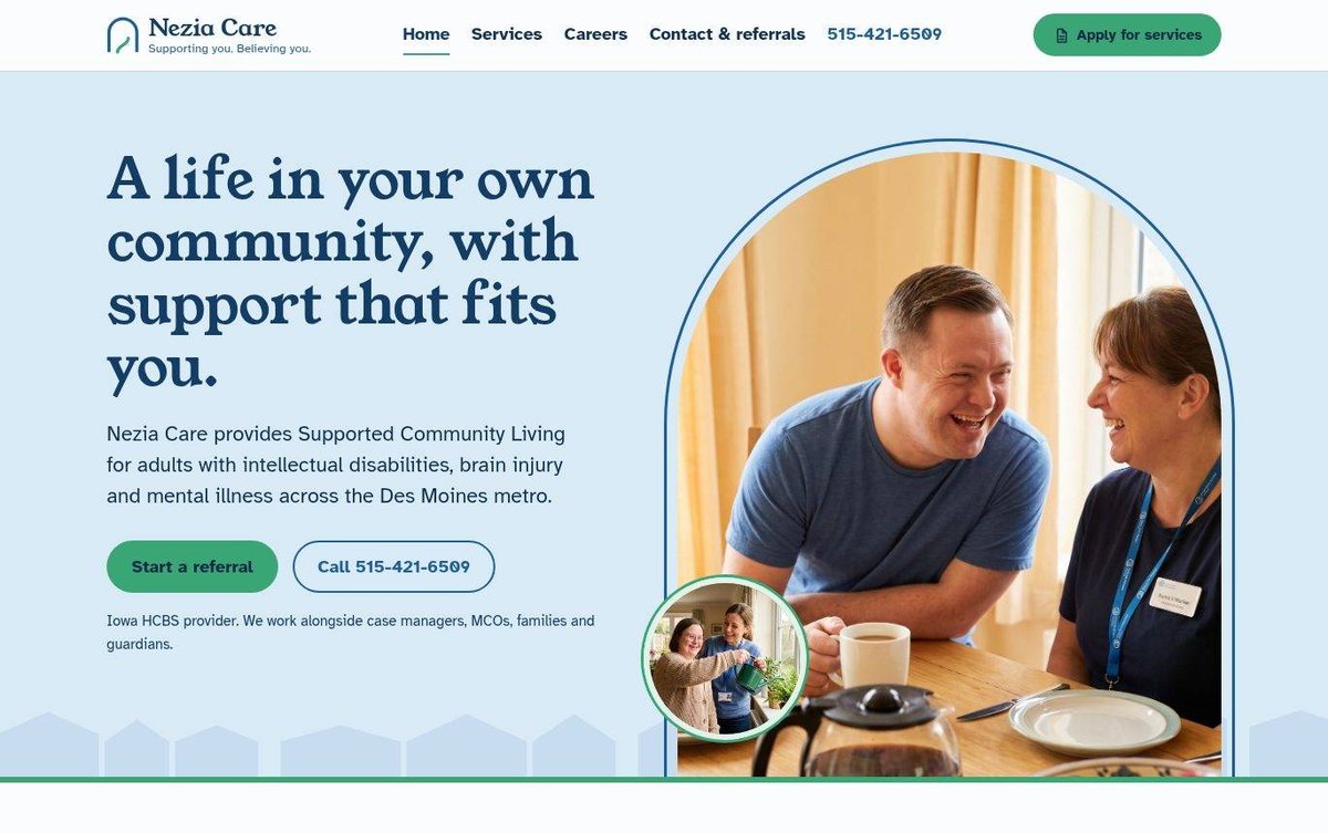 Home page of the Nezia Care LLC website: Soft sky blue and green palette with a warm, welcoming hero photo.
