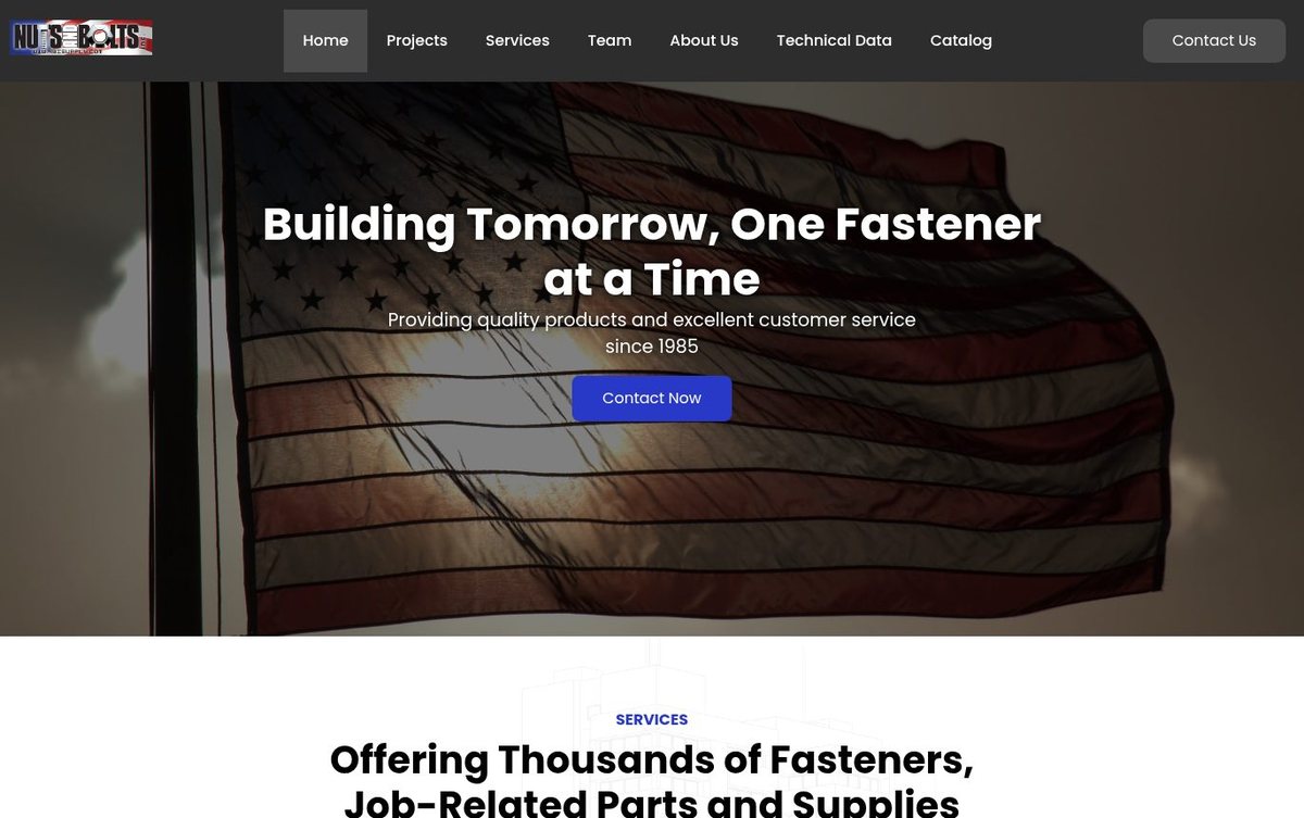 Home page of the Nuts & Bolts, Inc. website: Dark charcoal and white design with bold headlines and patriotic hero imagery.