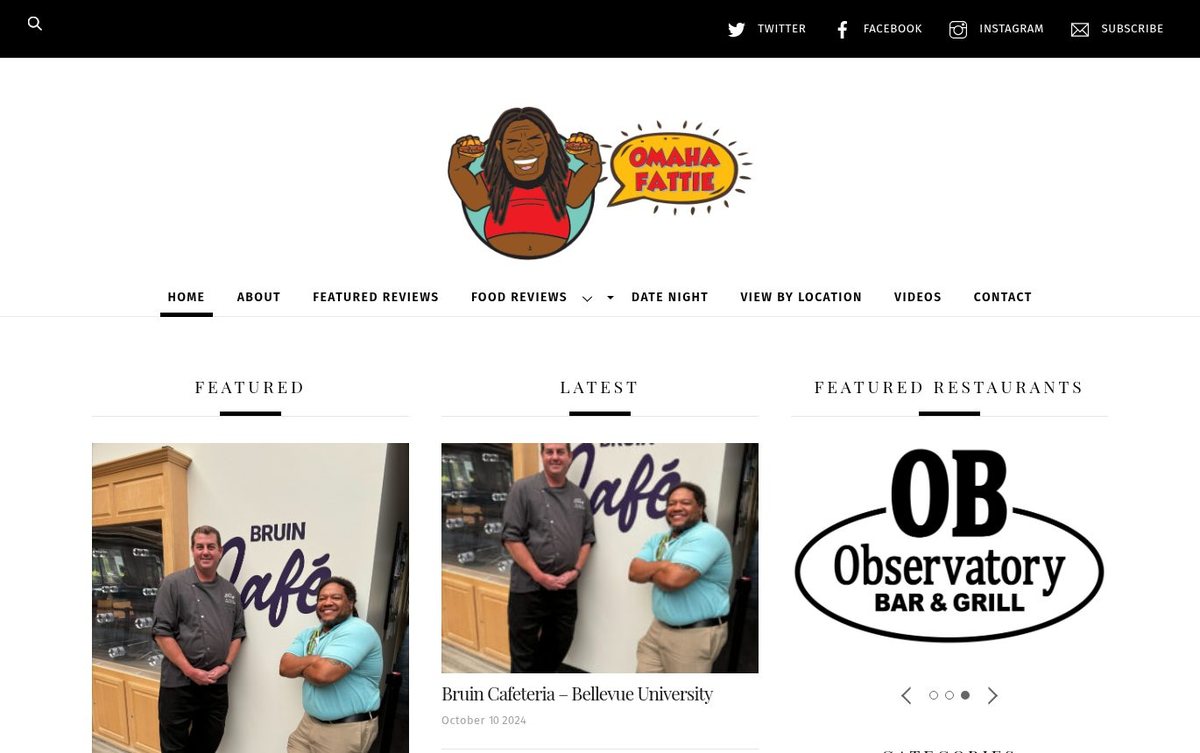 Home page of the Omaha Fattie website: Bright editorial layout with warm red and yellow logo and tidy columns.