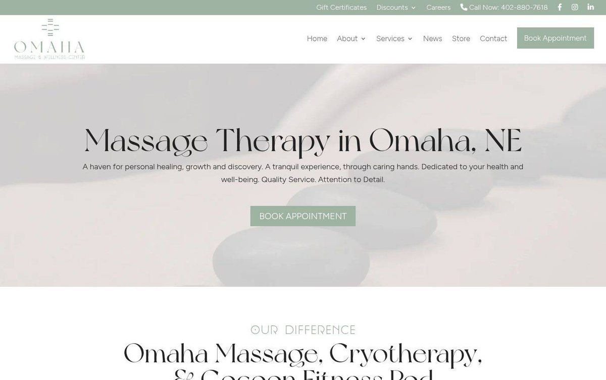 Home page of the Omaha Massage & Wellness Center website: Soft sage and taupe palette with calm imagery and elegant, spacious typography.