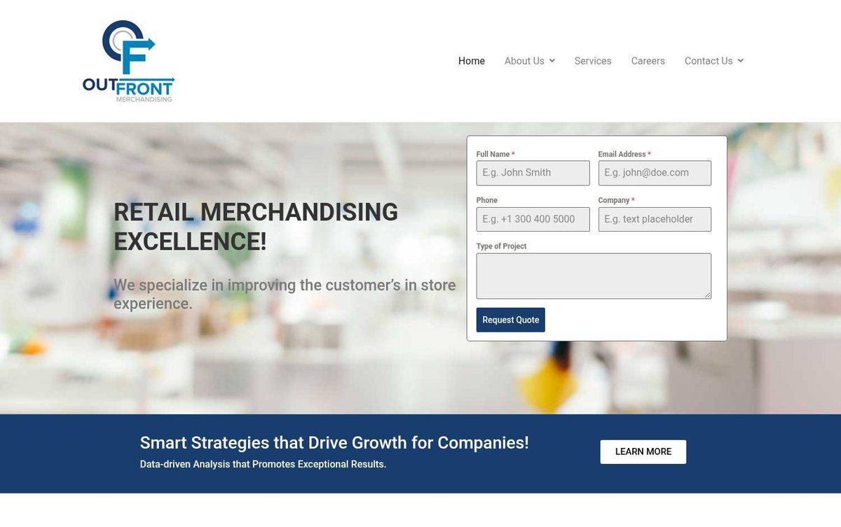Home page of the Out Front Merchandising website: Navy and blue palette with white quote form over a store photo.