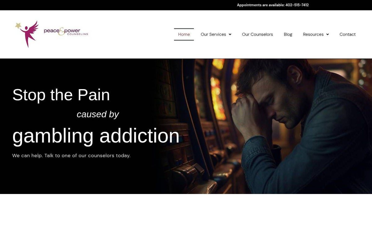 Home page of the Peace and Power Counseling website: Black hero with plum accents, warm photos and clean, direct section layout.