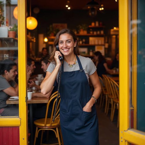 A smiling cafe owner in a navy apron answers the phone in a bright doorway while customers sit behind her