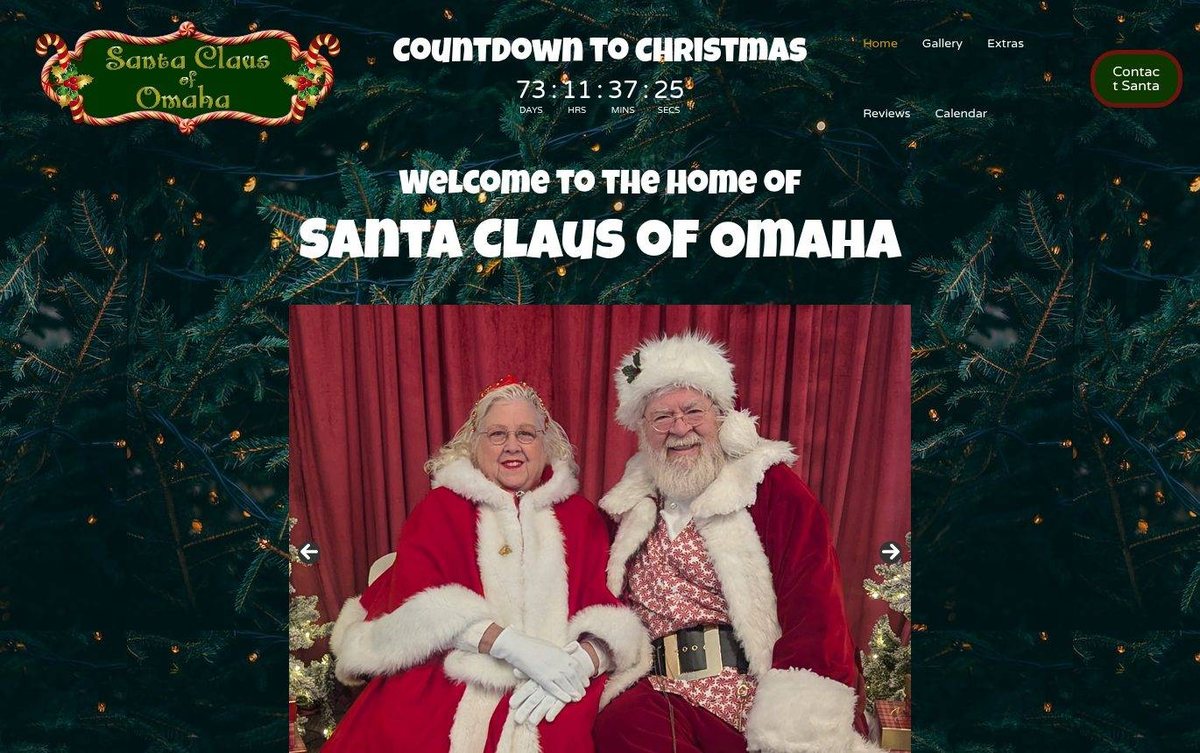 Home page of the Santa Claus of Omaha website: Deep green holiday backdrop with red panels and warm, festive gold accents.
