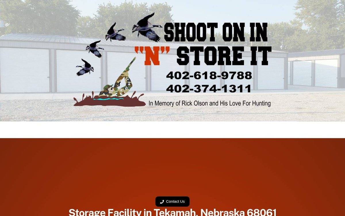 Home page of the Shoot 'N' Store It website: Bold burnt orange background with a large logo and three unit cards.