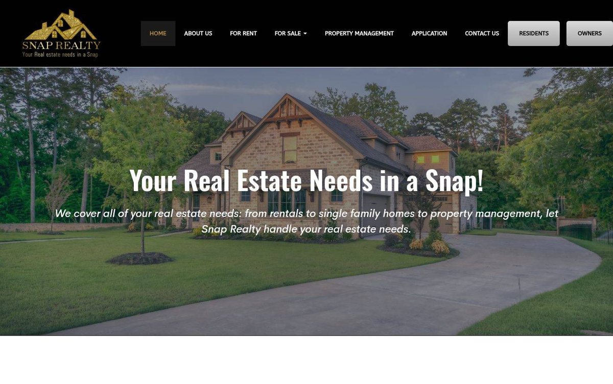 Home page of the Snap Realty website: Black header with gold logo above a full-width home photograph and headline.