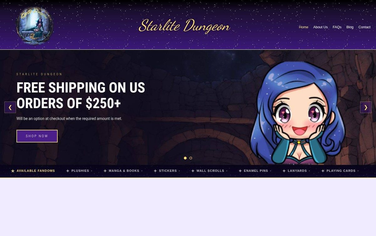Home page of the Starlite Dungeon website: Deep purple night theme with gold accents and a bold product showcase.