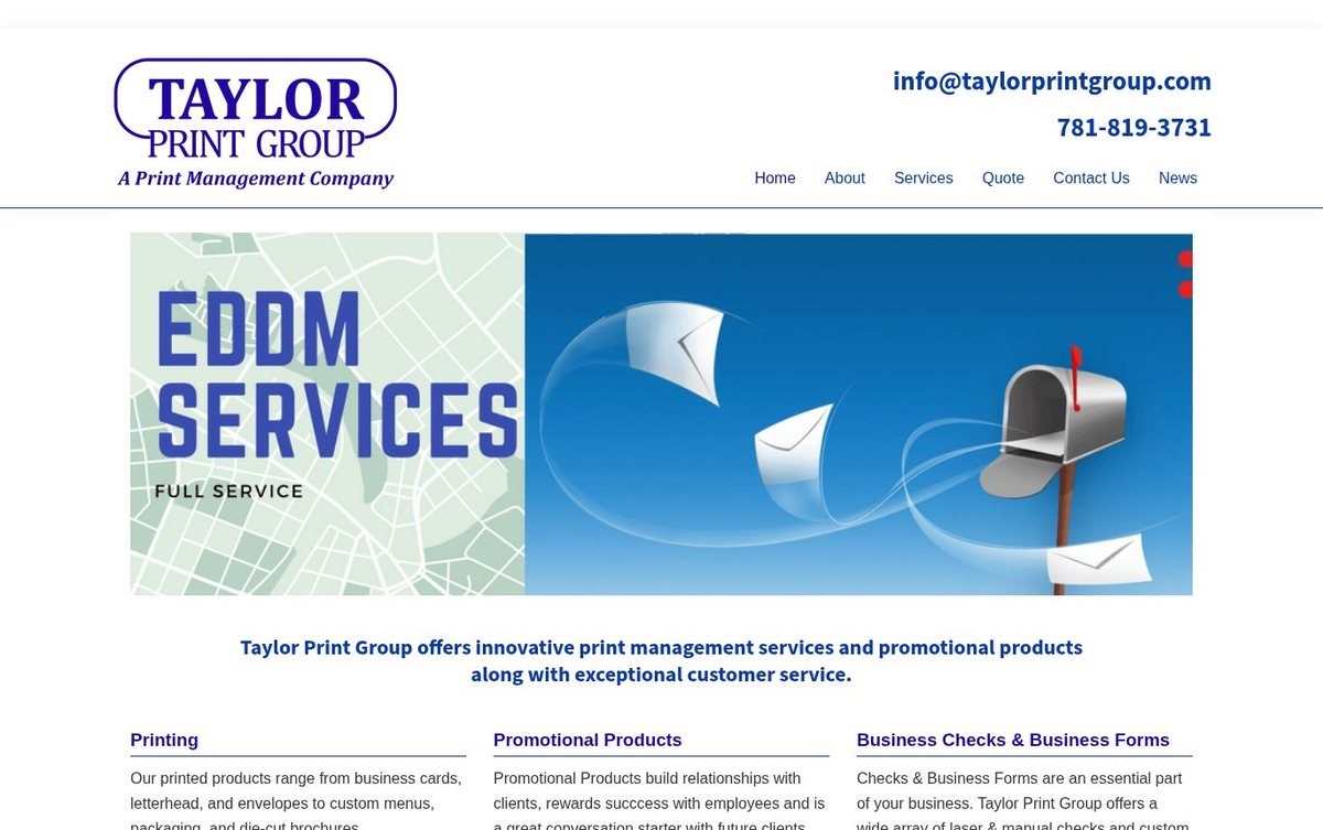 Home page of the Taylor Print Group website: White layout with blue headings, clear service columns and a quote banner.