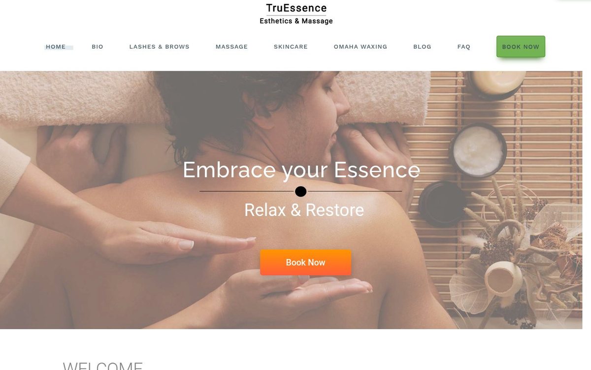 Home page of the TruEssence Esthetics and Massage, LLC website: Soft warm palette with a calm massage photo and gentle, readable type.