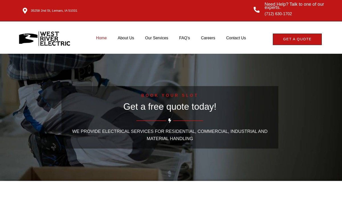 Home page of the West River Electric website: Bold red and black palette with clear, direct layout and strong headings.