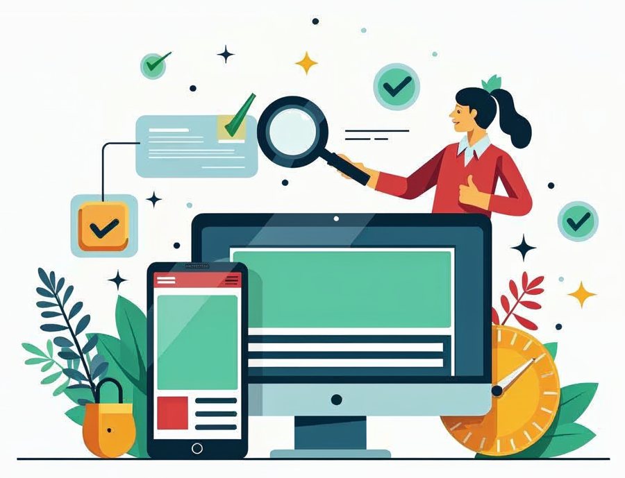 A colorful illustration of a web team checking one website on a phone, a tablet and a desktop computer, with green check marks, a magnifying glass, a padlock and a speed gauge