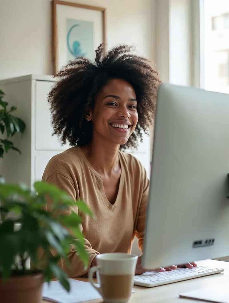 A smiling African American woman with natural curly hair, in a tan sweater, sits at a computer in a bright home office with a coffee mug and a green plant on the desk and looks up warmly