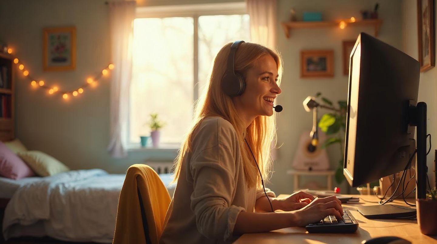 A smiling young woman working from home as a Websnoogie reseller, in headphones at her desk in a bright dorm bedroom, talking with someone beside her